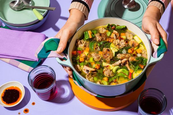 Hearty turkey soup with zucchini, rainbow chard, and Urfa chile oil