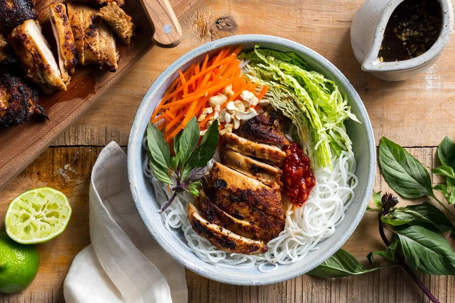 Saigon chicken vermicelli bowls with pickled carrots and nuoc cham dressing