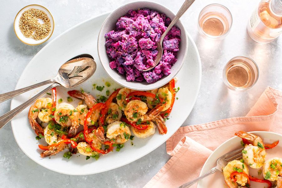 Spicy piri-piri jumbo shrimp with curried sweet potato–coconut mash