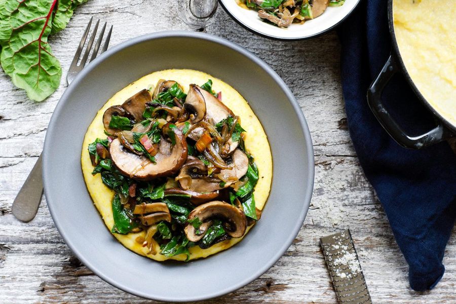 Polenta with mascarpone, chard, and portobello mushrooms