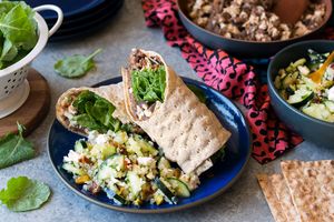 Eggplant and tofu wraps with cauliflower “rice” salad