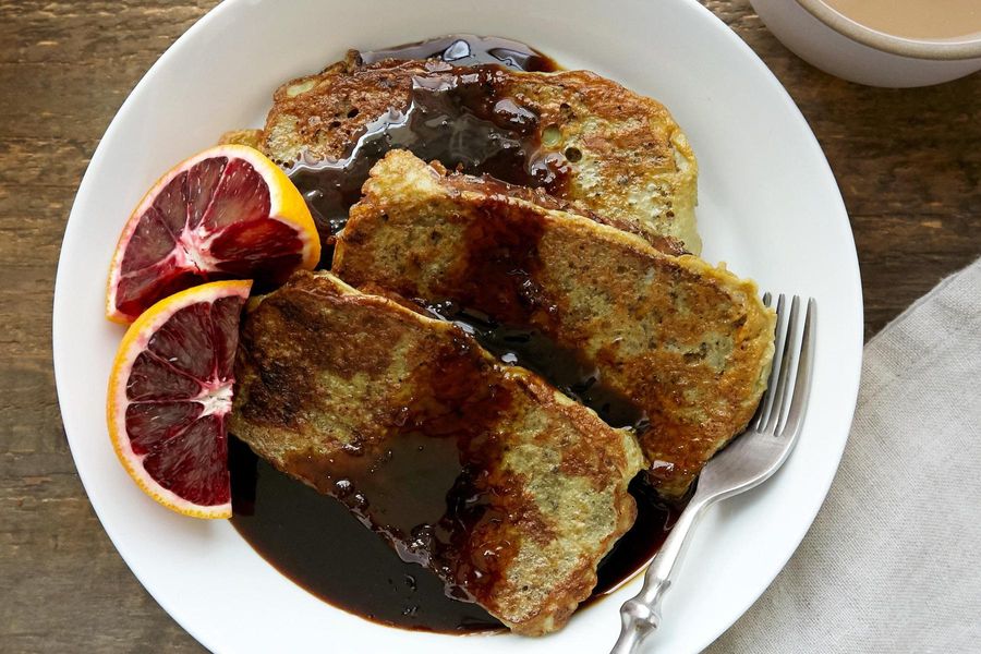 Gluten-free French toast with blood orange syrup