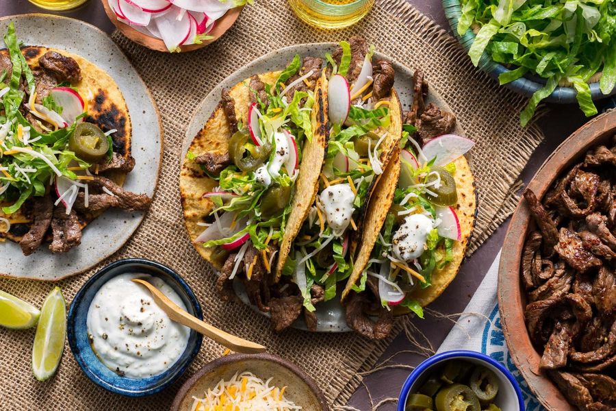 Mojo-marinated carne asada fajitas with lime yogurt