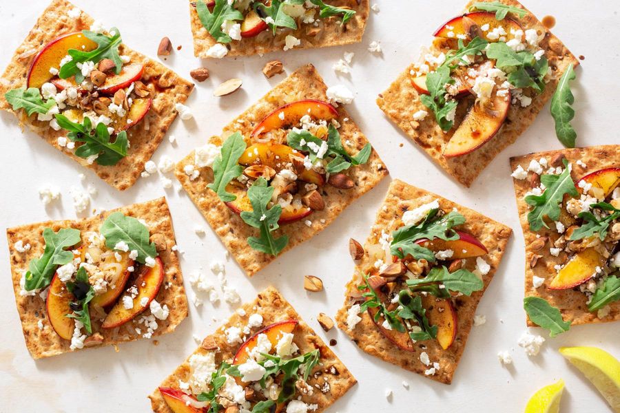 Seared stone fruit and feta flatbreads with green salad