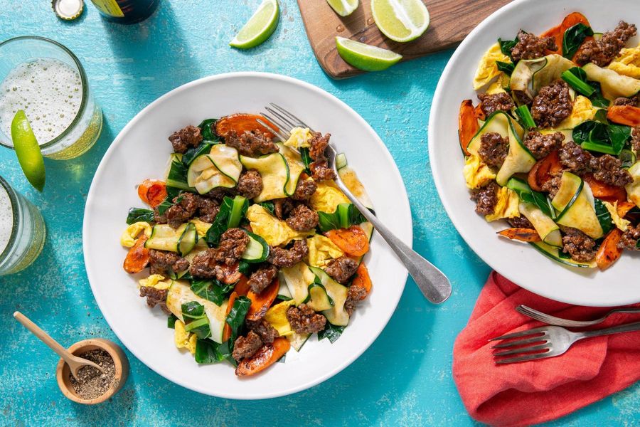 Thai pad see ew with “zoodles” and broccoli leaves