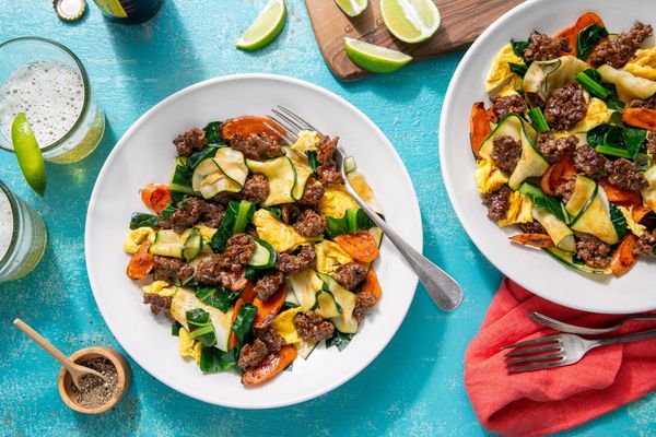 Thai turkey pad see ew with “zoodles” and broccoli leaves