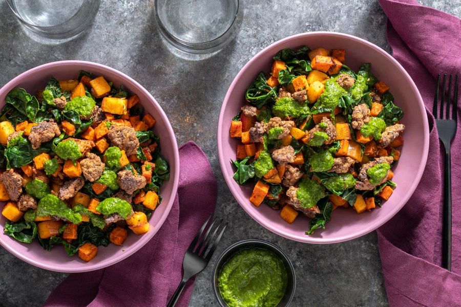Merguez-spiced hash with sweet potato and your choice of protein