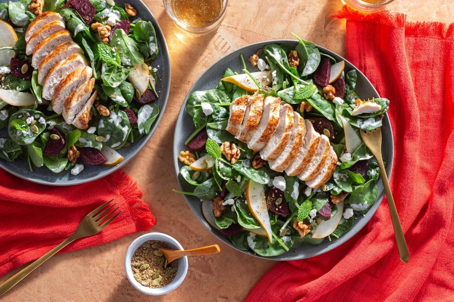 Chicken and beet salad with pear, walnuts, and lemon-tahini dressing