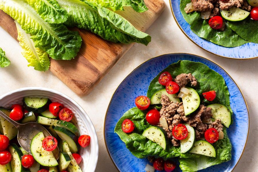 Greek lamb lettuce cups with cucumber and tomato salad