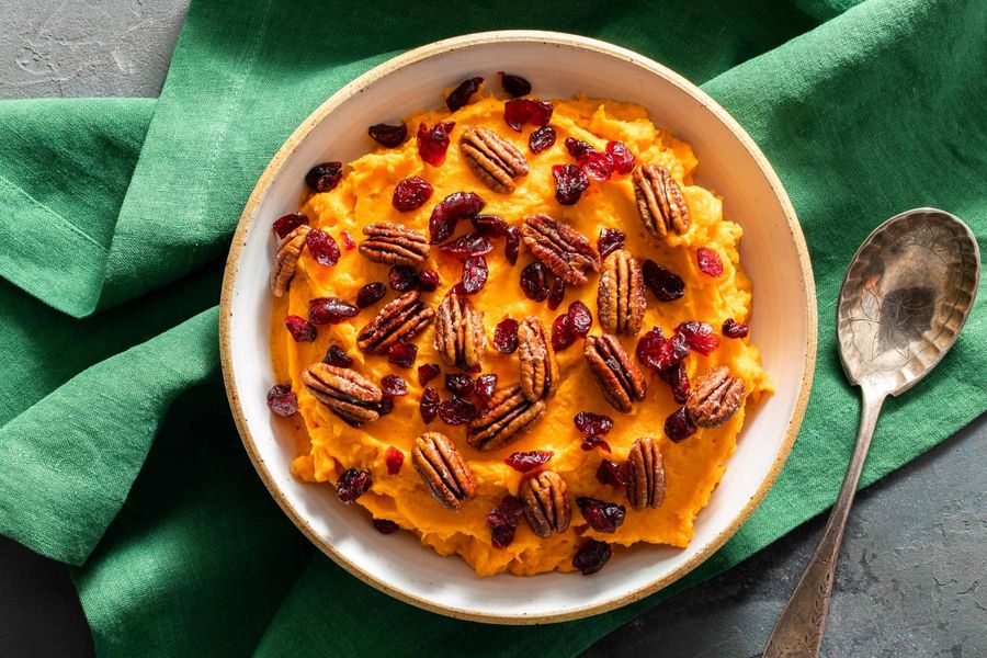 Spiced sweet potato mash with cranberries and maple-glazed pecans