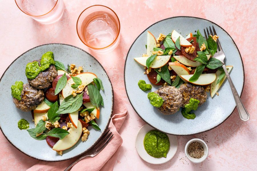 Seven-spice burger patties with beet salad and spicy green harissa