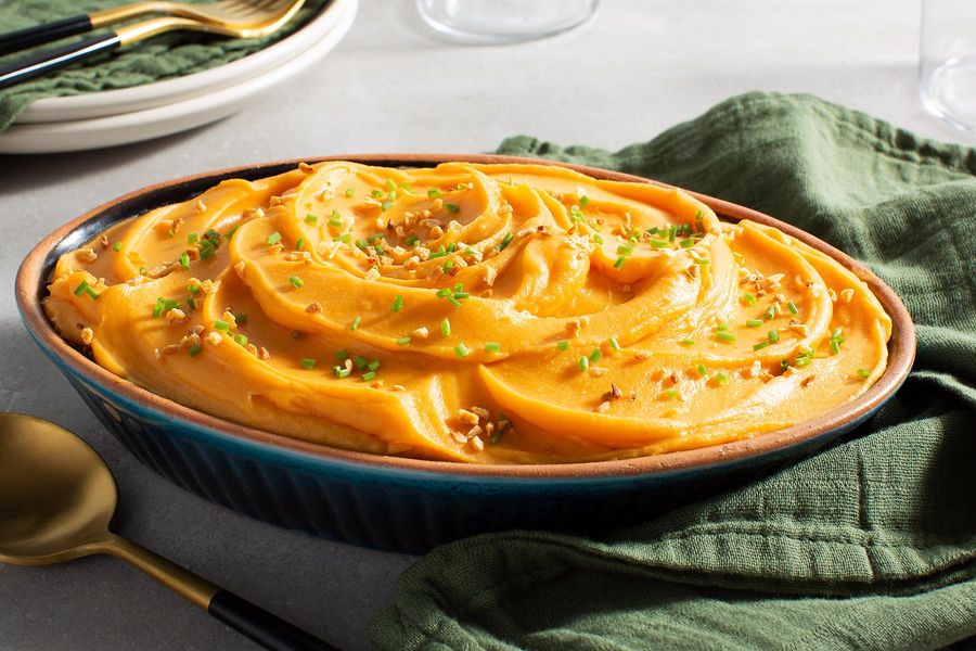 Hawaiian-style mashed sweet potatoes with toasted garlic and chives