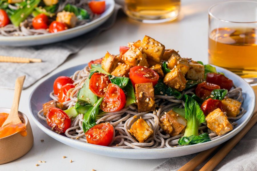 Five-spice tofu stir-fry with soba noodles and spicy chile-mango sauce