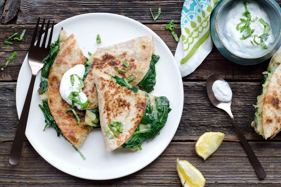 Spinach and white bean quesadilla with basil yogurt