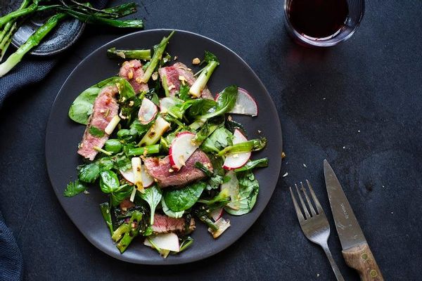 Steak salad with charred scallions and kimchi-spiced dressing 