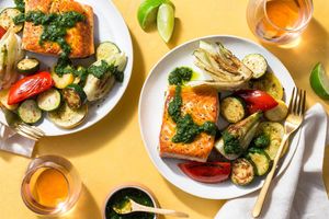 One-pan seared salmon with chimichurri and summer vegetables
