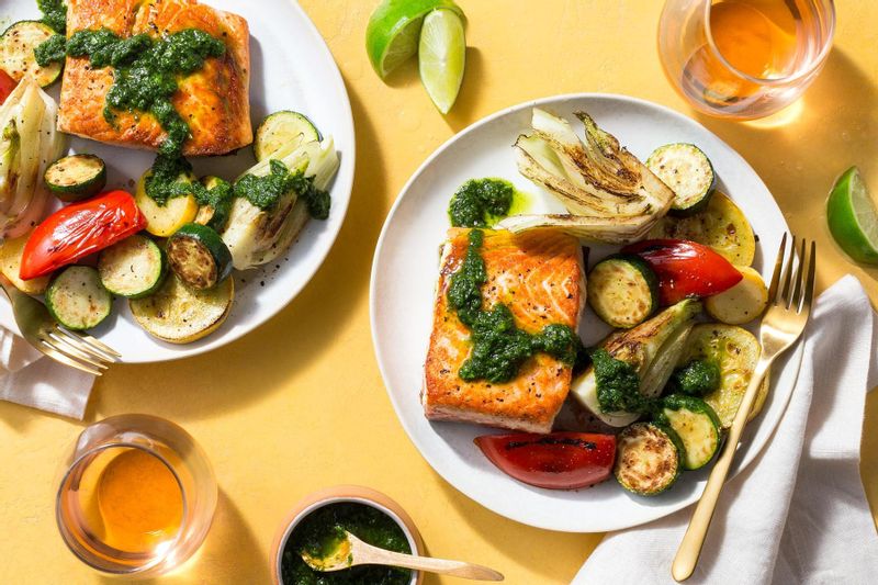 One-pan seared salmon with chimichurri and summer vegetables | Sunbasket