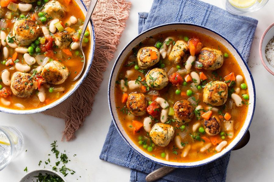 Hearty white bean minestrone with chicken meatballs