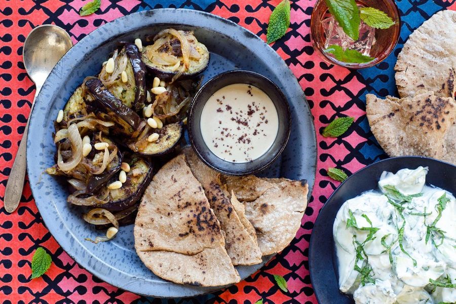 Eastern Mediterranean eggplant with pita and tzatziki