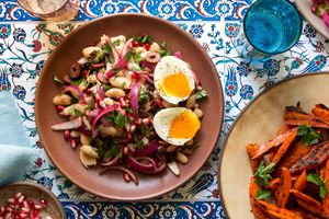 Turkish piyaz salad with roasted carrots and soft-cooked eggs