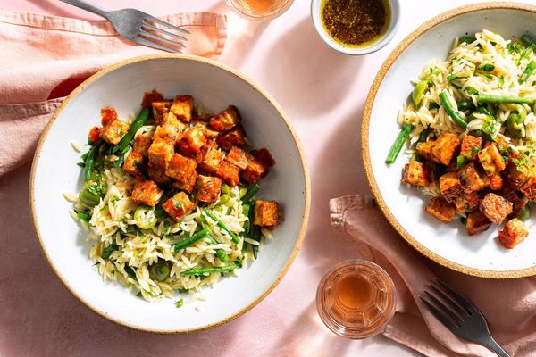Barcelona orzo salad with spicy tempeh “patatas bravas”