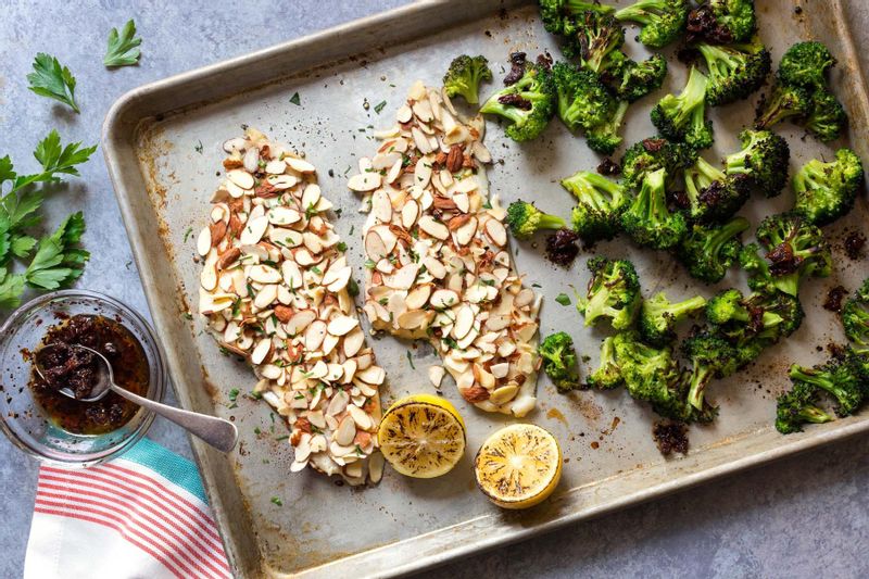 Sole almondine with roasted broccoli and sundried tomatoes Sunbasket