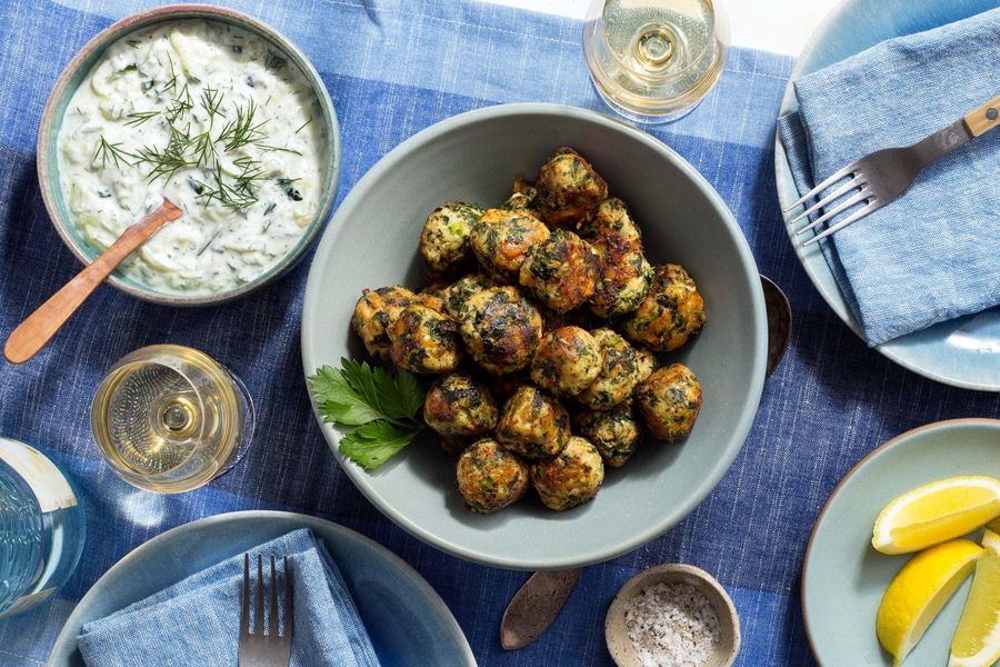 Spanakopita Chicken Meatballs with Tzatziki | Sun Basket