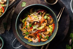 Glass noodle bowls with spicy yuba and stir-fried vegetables
