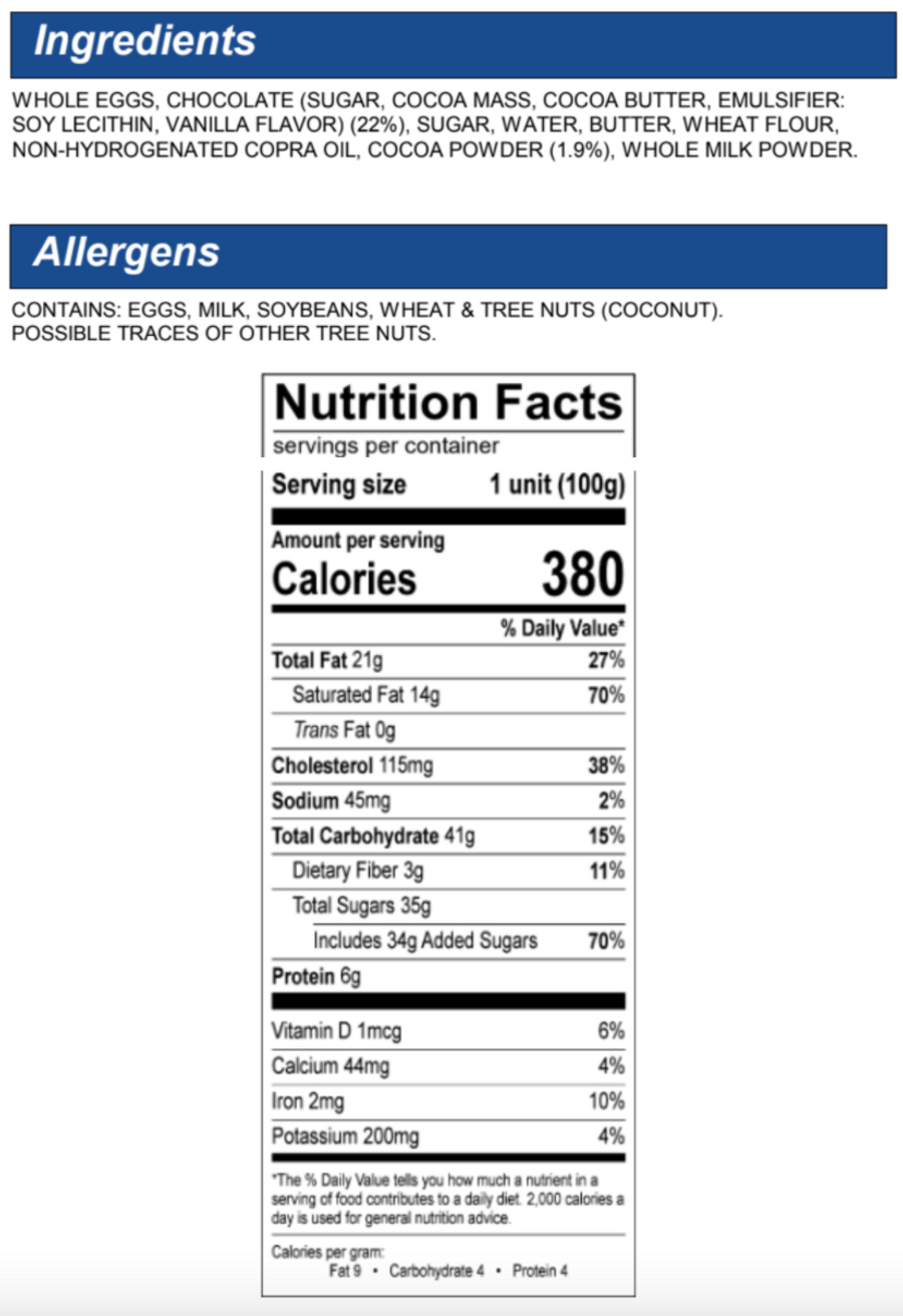 Molten chocolate cake Nutrition