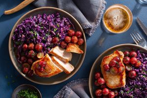 Pork chops with gingered cabbage and paprika-spiced grapes