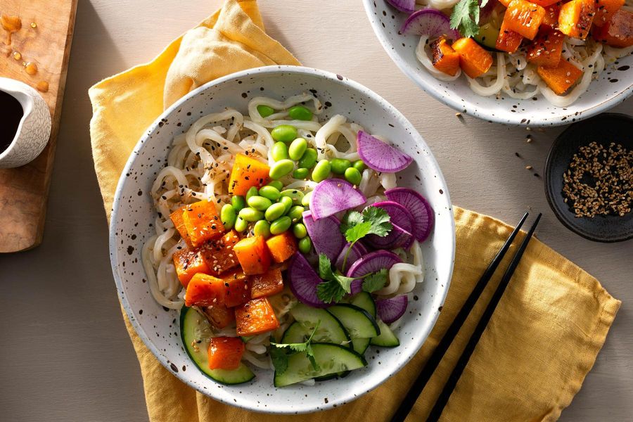 Tokyo udon noodle bowls with roasted butternut squash and edamame