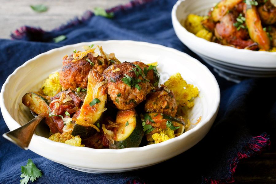 Mumbai turkey meatballs with zucchini and curried cauliflower