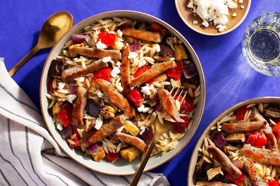 Lemony orzo with your choice of protein and roasted vegetables