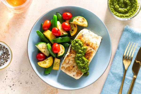 Seared salmon with chimichurri and Provençal vegetables