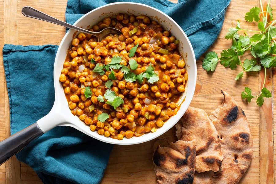 Spicy tamarind chana masala with toasted naan