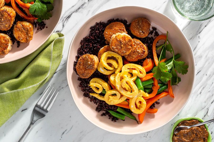 Tamarind black rice bowls with bell pepper and your choice of protein
