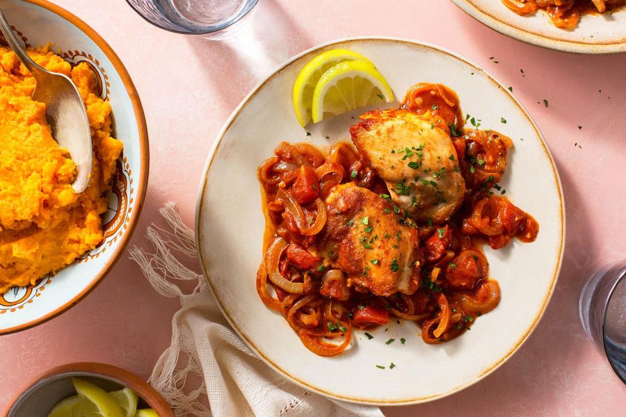 Moroccan chicken over mashed sweet potatoes