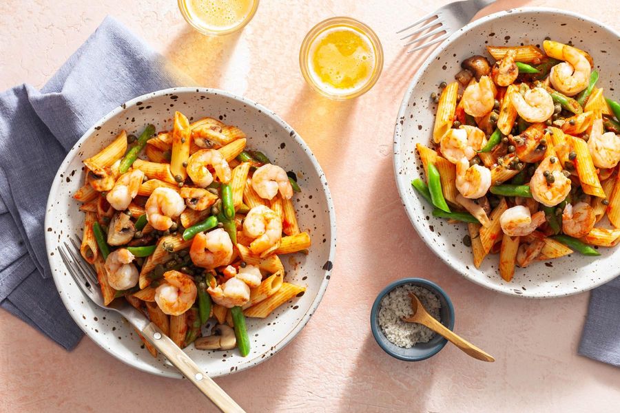 Spicy shrimp penne arrabbiata with mushrooms and green beans