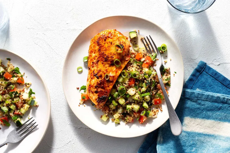 Lebanese-style chicken breasts with quinoa and tomato tabbouleh