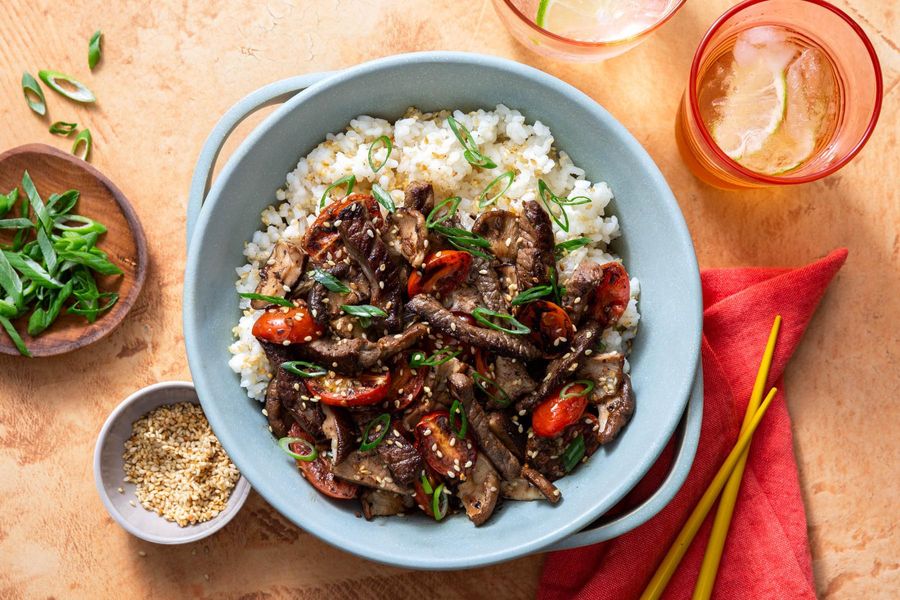 Braised tofu and shiitake stir-fry with black bean sauce over rice