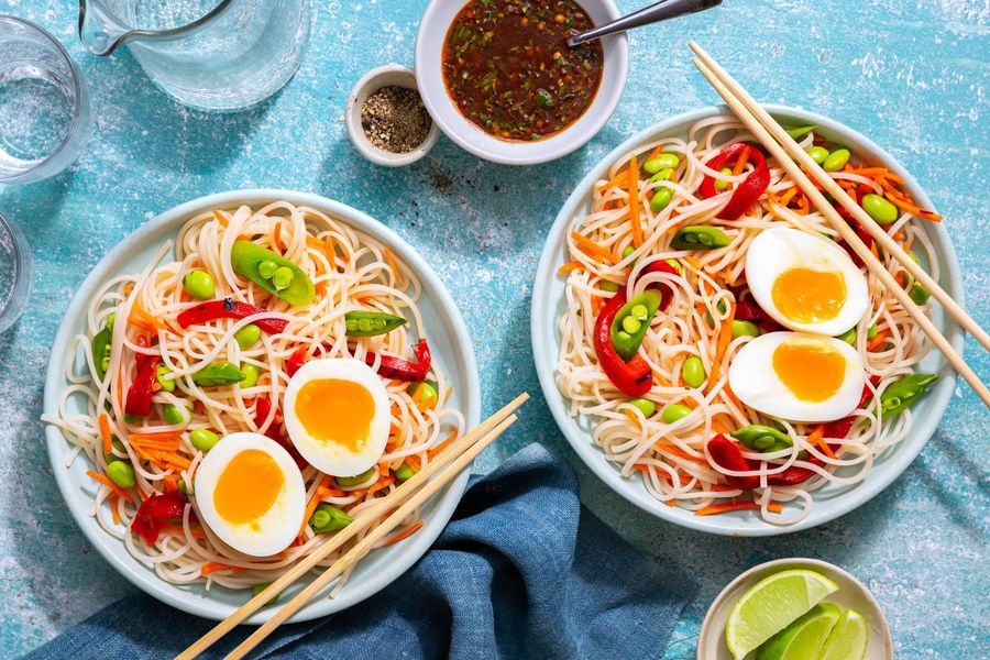 Asian Rice Noodle Bowls with Sesame Dressing and SoftCooked Eggs Sun