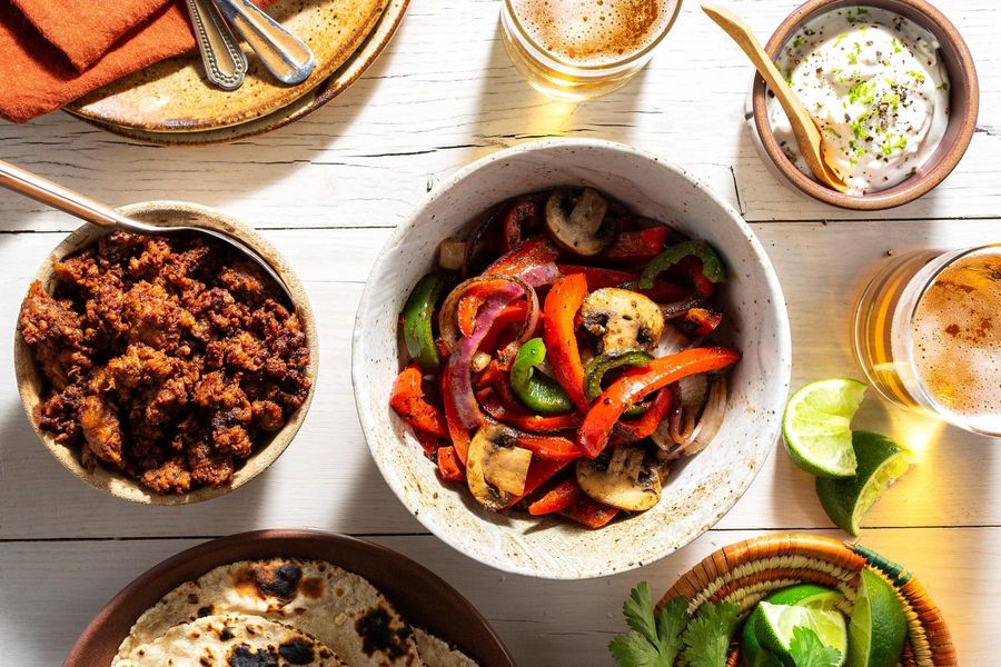 Chorizo fajitas with charred mushrooms and lime yogurt