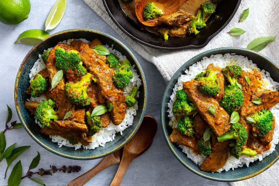 Spicy Thai-style beef with broccoli and basmati rice