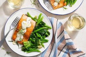 Salmon with lemon-garlic aioli, escarole, and green beans