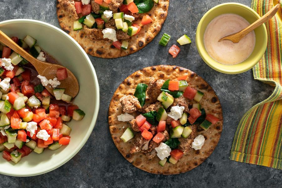 Lebanese “tacos” with your choice of protein and spicy tahini yogurt