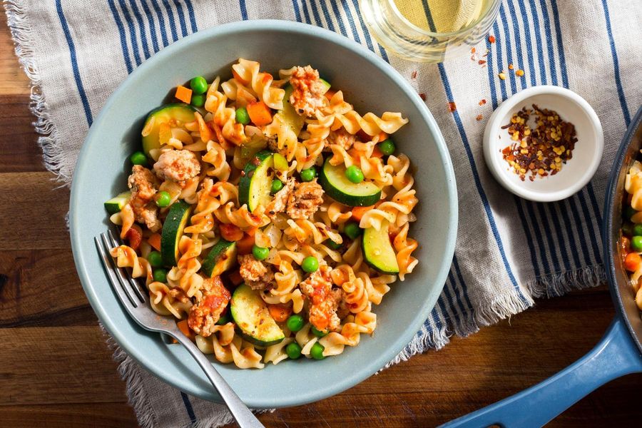 Turkey Bolognese with fusilli, zucchini, and peas