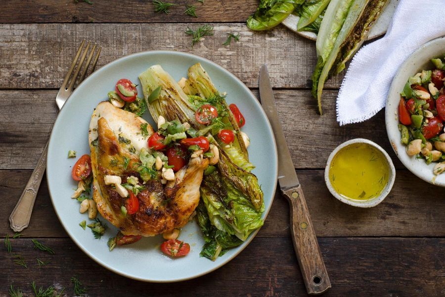 Roast chicken and grilled romaine with herb butter and olive tapenade 
