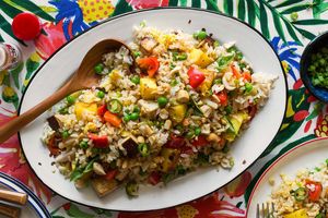 Pineapple fried rice with braised tofu, water chestnuts, and Thai basil