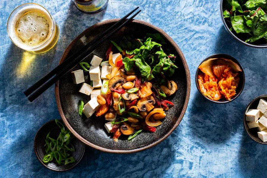 Dubu kimchi stir-fry with tofu and quick-pickled chard