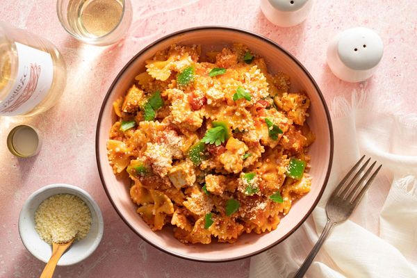 American chop suey with ground beef and bow tie pasta in tomato sauce